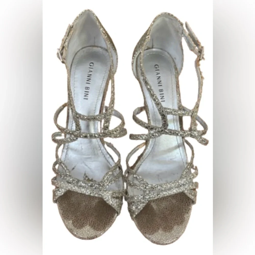 Gianni Bini gold glitter strappy 4” stiletto heels w bckl SZ 8 wedding prom